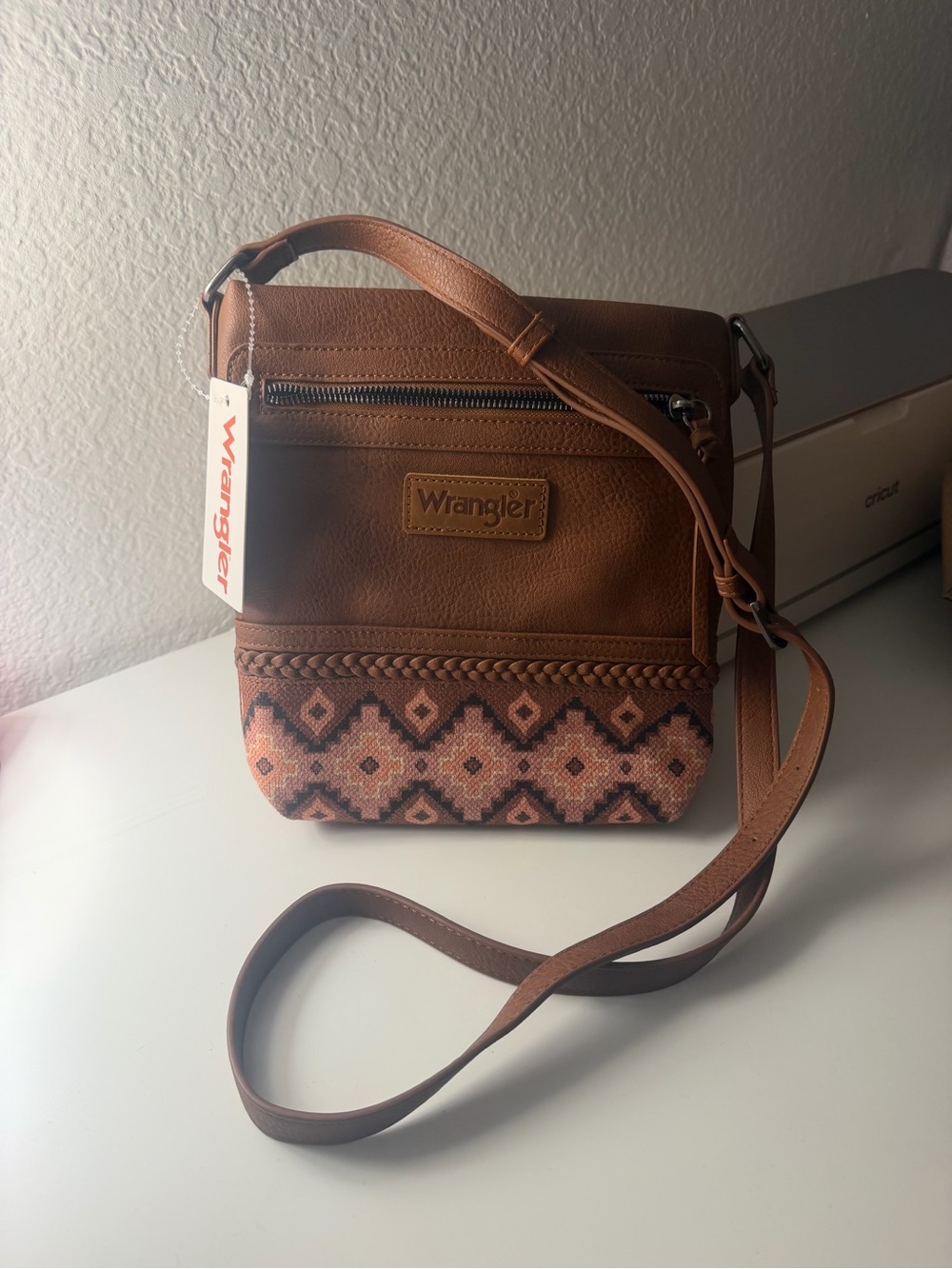Wrangler Brown Crossbody with Geometric Fabric Panel